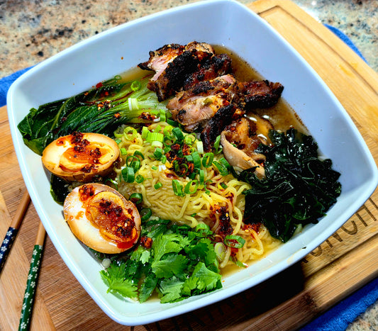 Miso Grilled Charcoal Chicken Ramen with homemade Shoyu Eggs